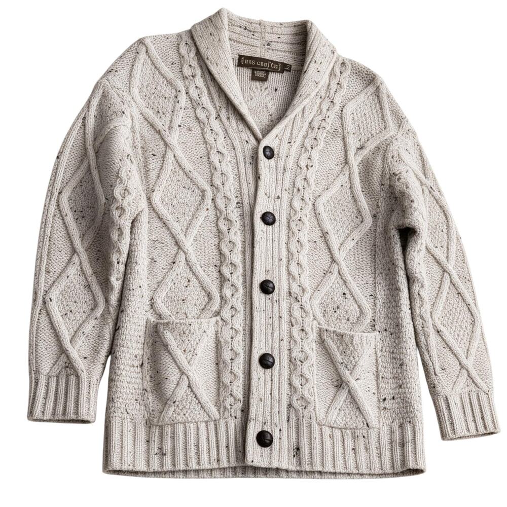 Inis Crafts Cable Knit Cream Cardigan 100% Wool Irish Button Front Womens Med